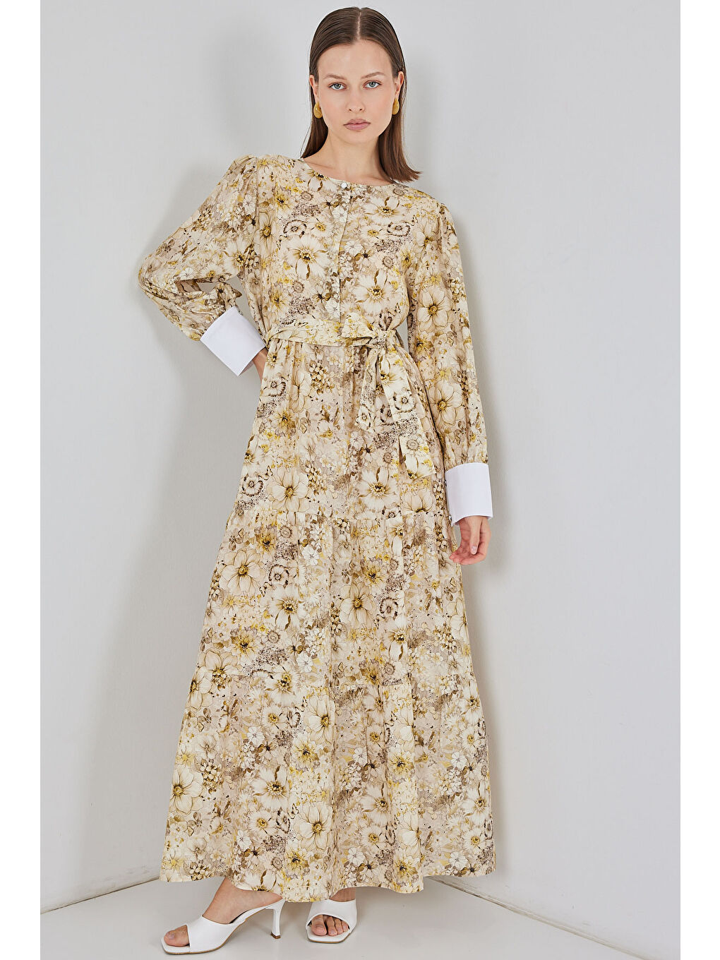 Kadın Kuşaklı Uzun Elbise 2584 - B.Sarı