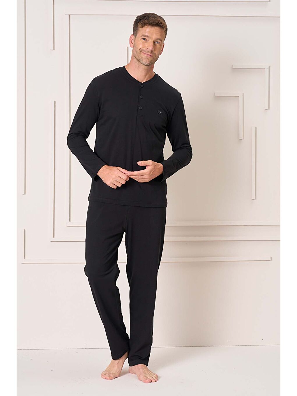 Erkek Pamuk Uzun Kol Pijama Takımı 4110 Siyah01-3