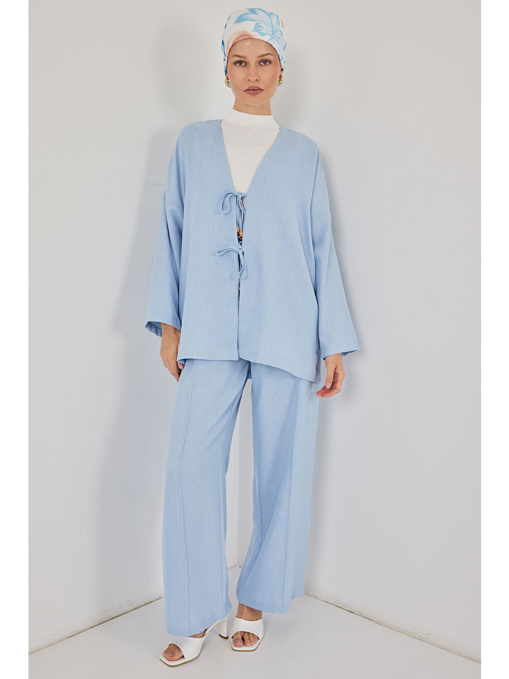 Kadın Keten Kimono İkili Takım 6727 - Mavi