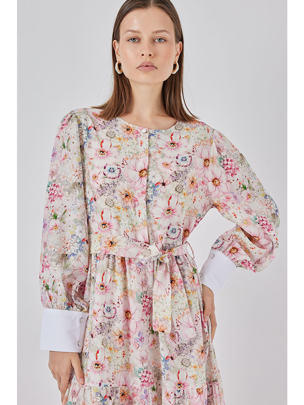 Kadın Kuşaklı Uzun Elbise 2584 - Pembe-2