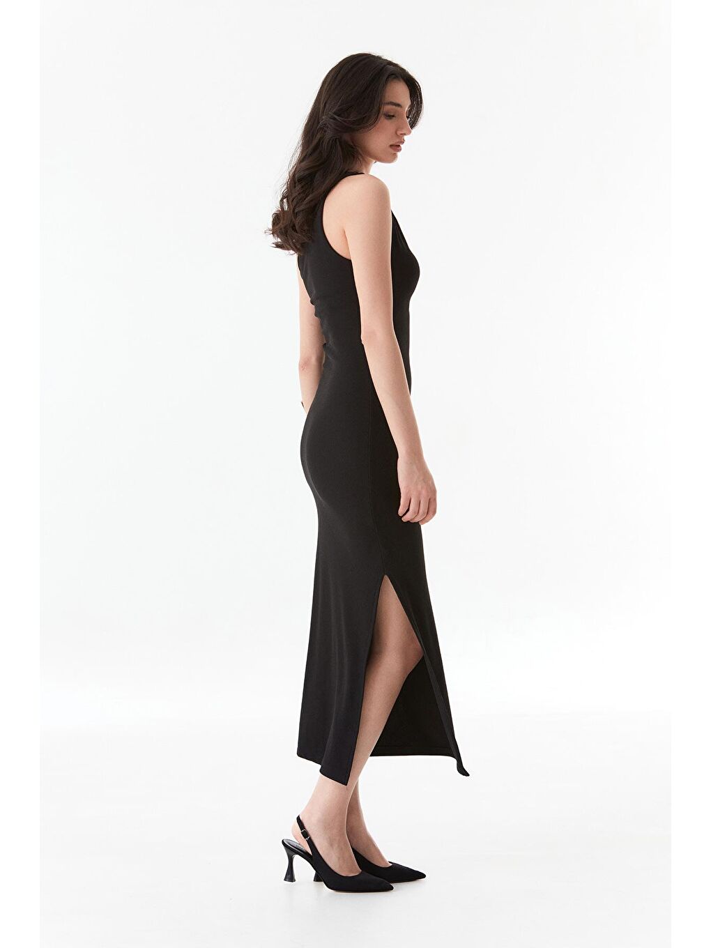 Siyah Fitilli Tek Omuz Yırtmaçlı Elbise-3