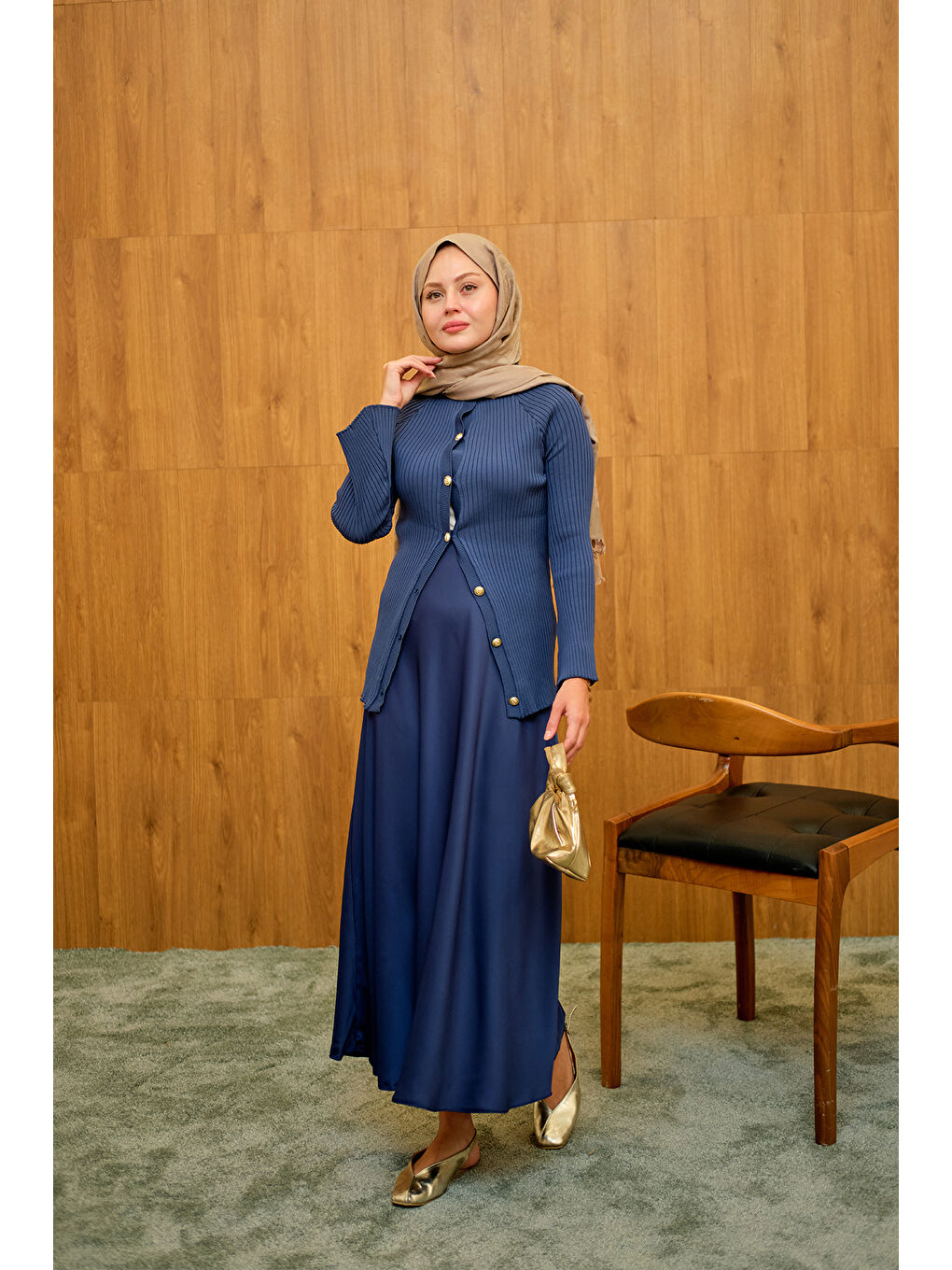 Kadın Kabartma Çizgi Detaylı Hırka Lacivert-1