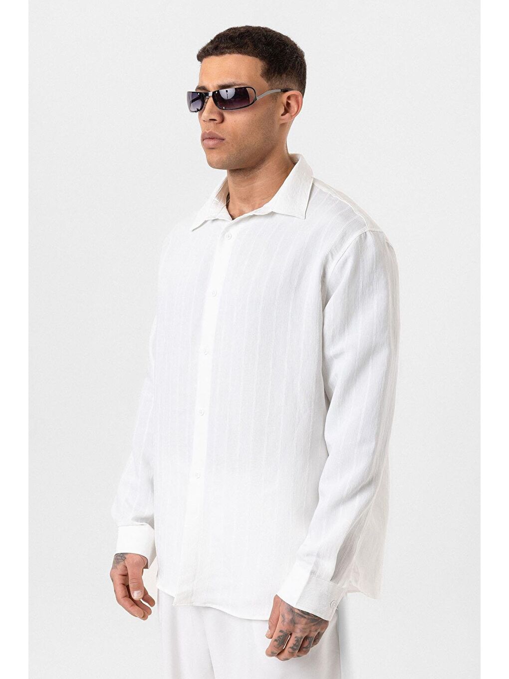 Çizgili Uzun Kol Oversize Gömlek Beyaz-2