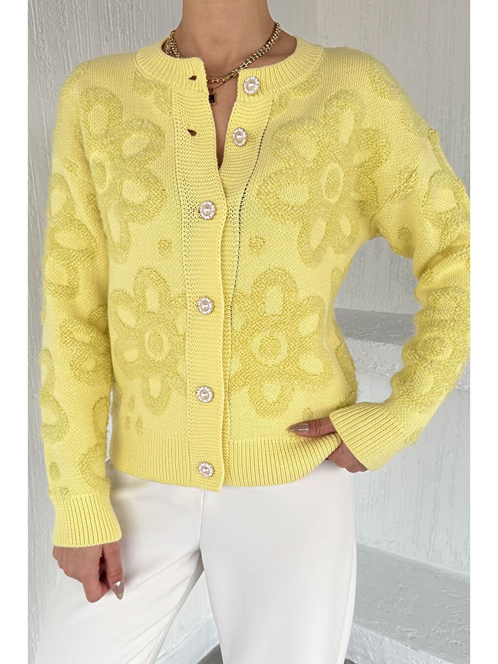 Sarı Çiçek Desenli Triko Ceket (s,m,l,xl Uyumludur)