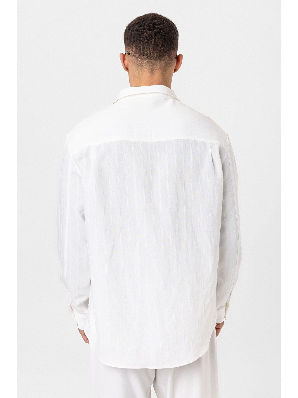 Çizgili Uzun Kol Oversize Gömlek Beyaz-3