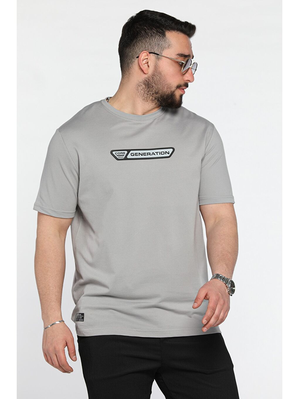 Gri Erkek Ön Baskılı Bisiklet Yaka Tişört-1