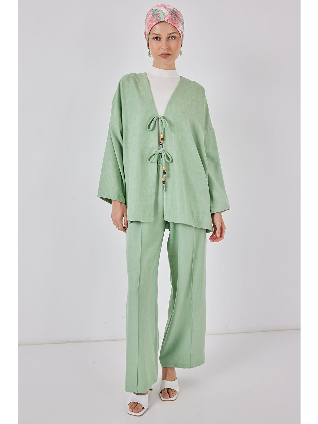 Kadın Keten Kimono İkili Takım 6727 - E.Yeşil
