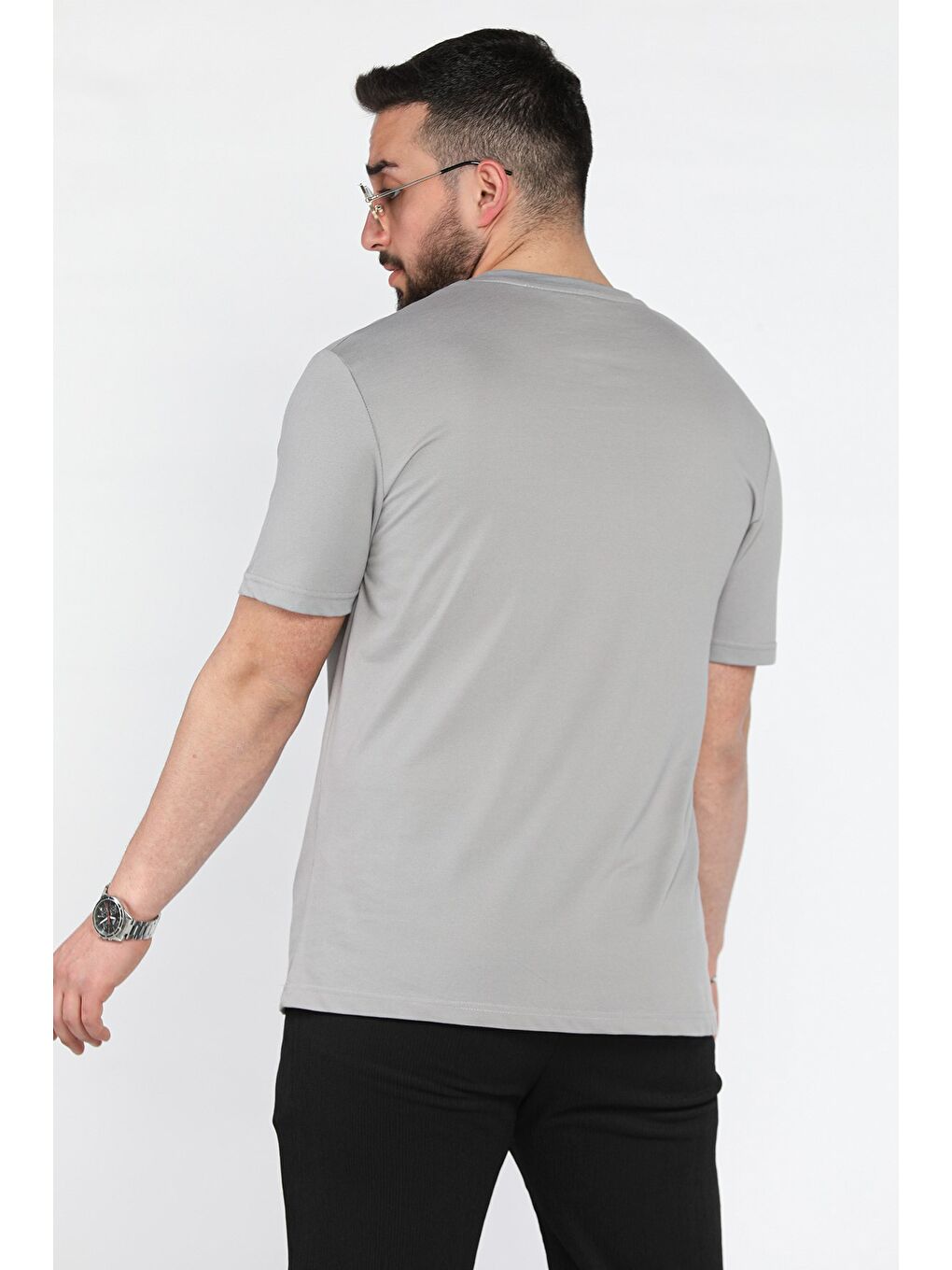 Gri Erkek Ön Baskılı Bisiklet Yaka Tişört-2