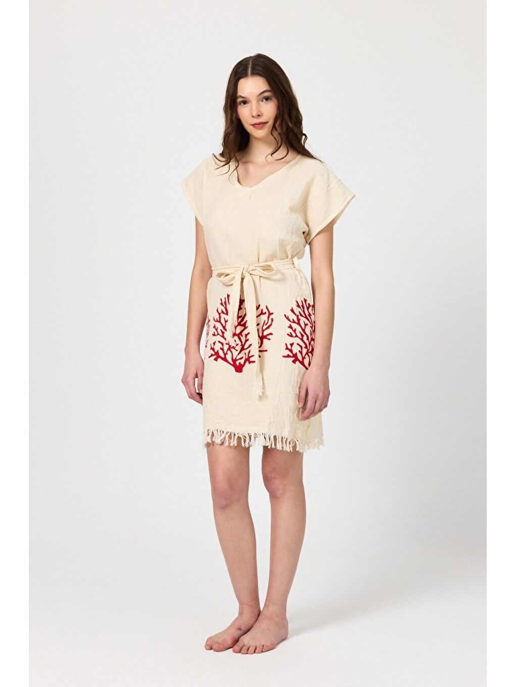 Kırmızı Müslin Kadın Plaj Elbisesi Kolsuz %100 Pamuk