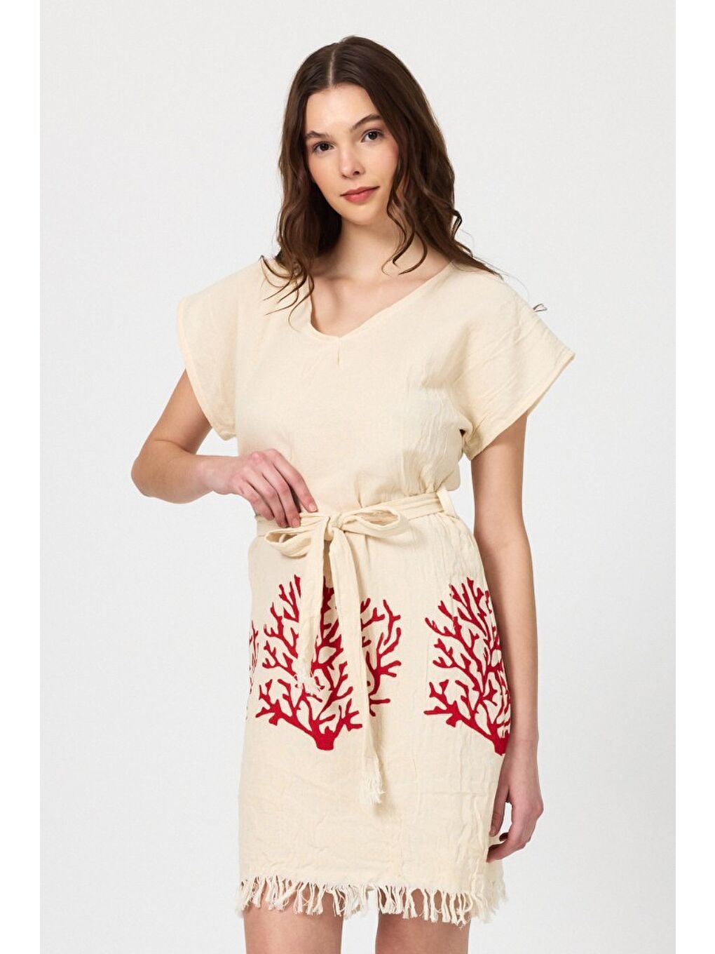 Kırmızı Müslin Kadın Plaj Elbisesi Kolsuz %100 Pamuk-1