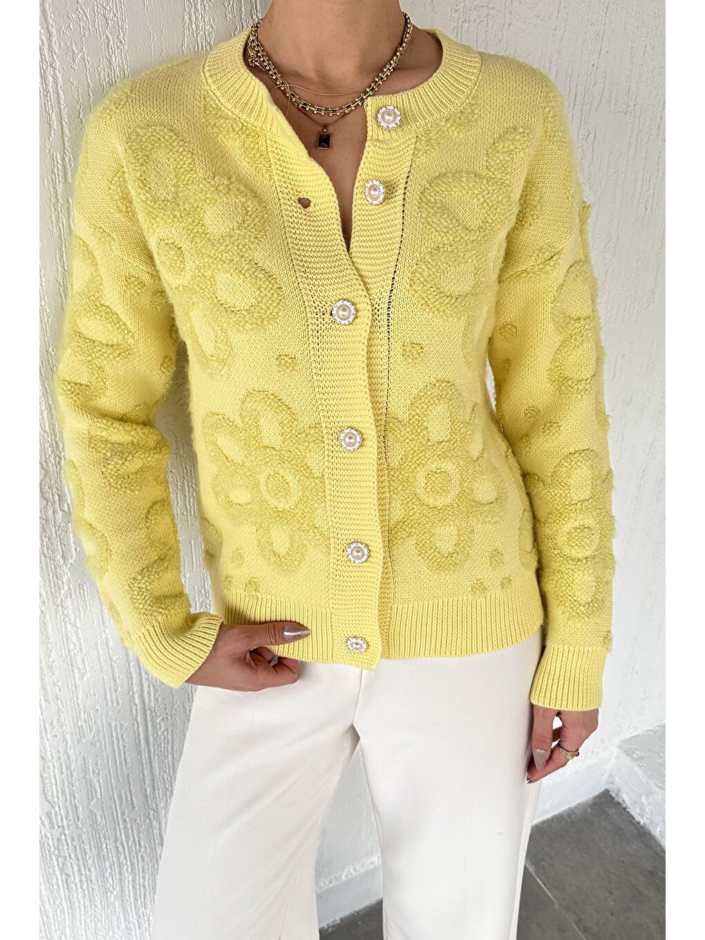 Sarı Çiçek Desenli Triko Ceket (s,m,l,xl Uyumludur)-1