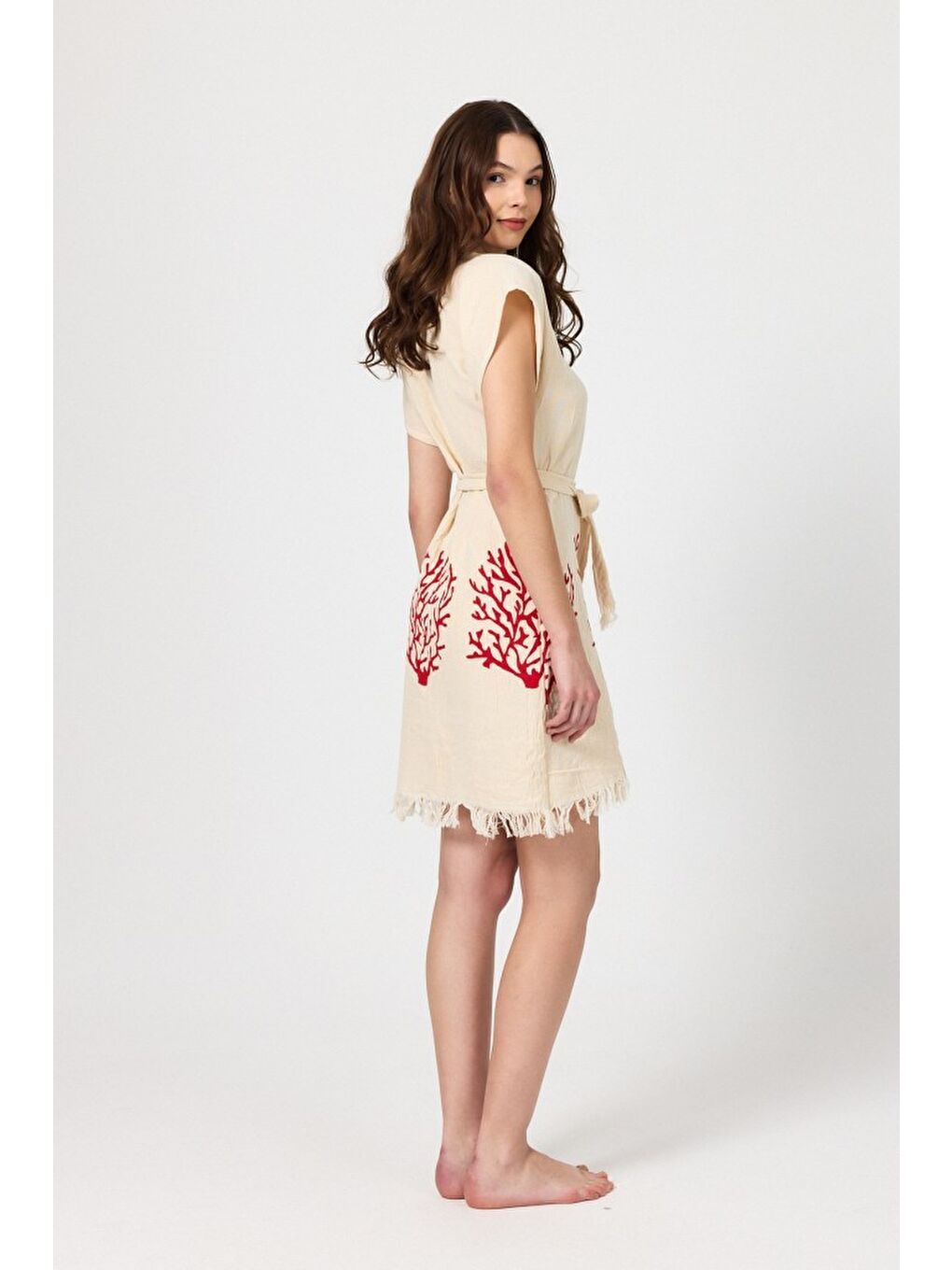 Kırmızı Müslin Kadın Plaj Elbisesi Kolsuz %100 Pamuk-2