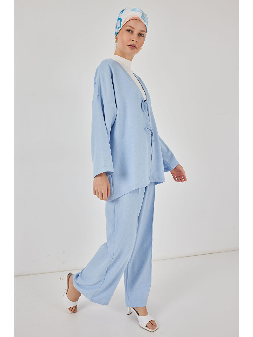 Kadın Keten Kimono İkili Takım 6727 - Mavi-2