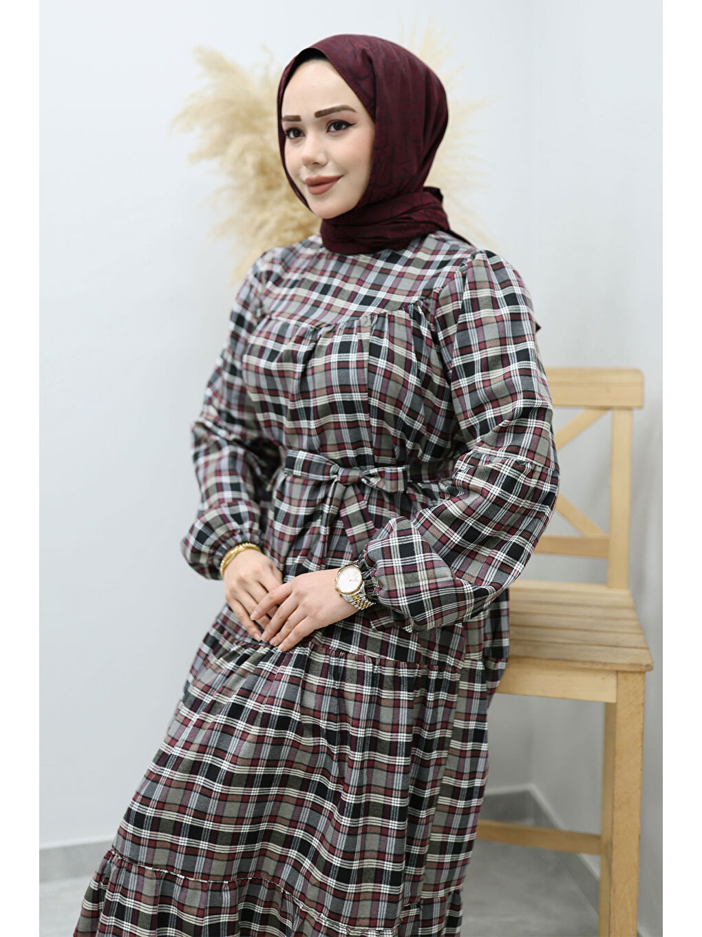 Robalı Ekose Elbise TSD260134 Gri-1