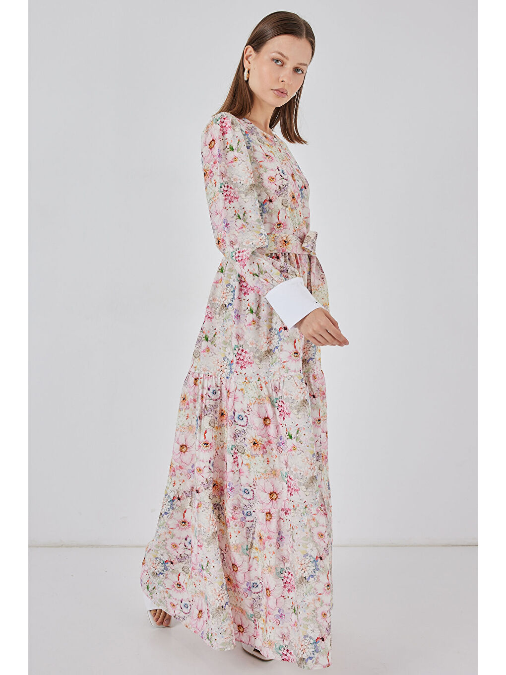 Kadın Kuşaklı Uzun Elbise 2584 - Pembe-3