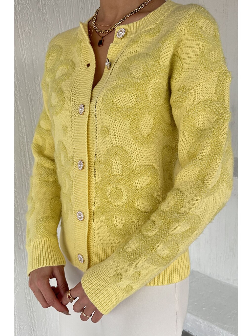 Sarı Çiçek Desenli Triko Ceket (s,m,l,xl Uyumludur)-2