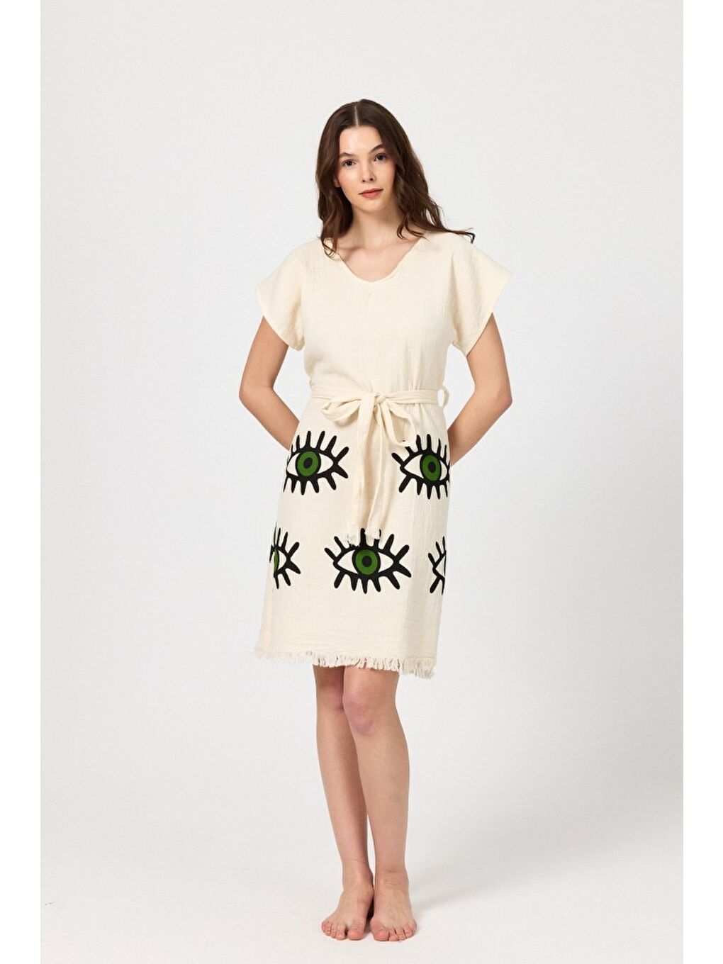 Yeşil Müslin Kadın Plaj Elbisesi Kolsuz %100 Pamuk