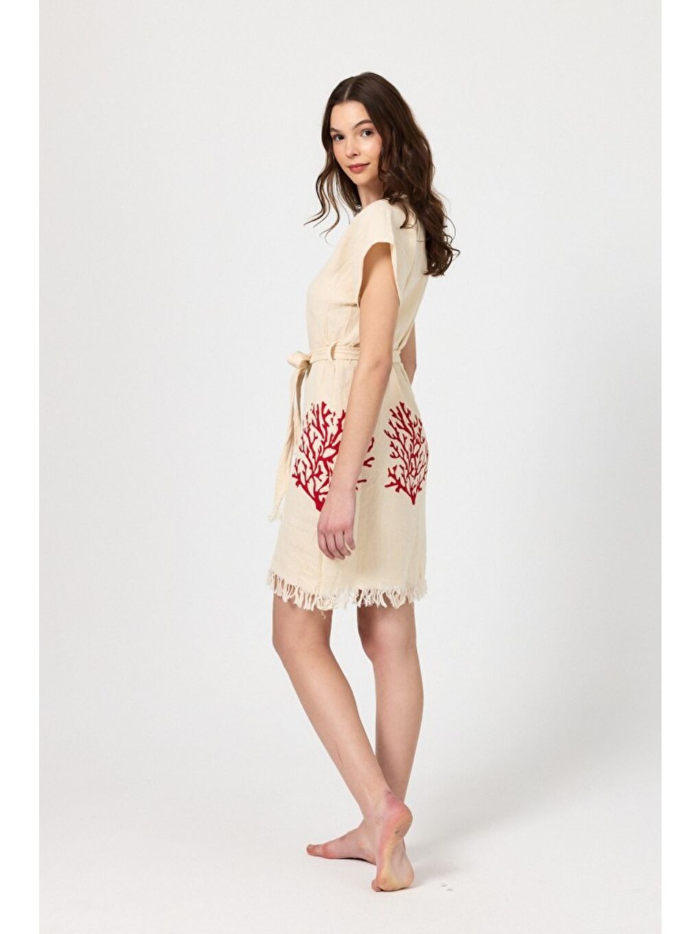 Kırmızı Müslin Kadın Plaj Elbisesi Kolsuz %100 Pamuk-4