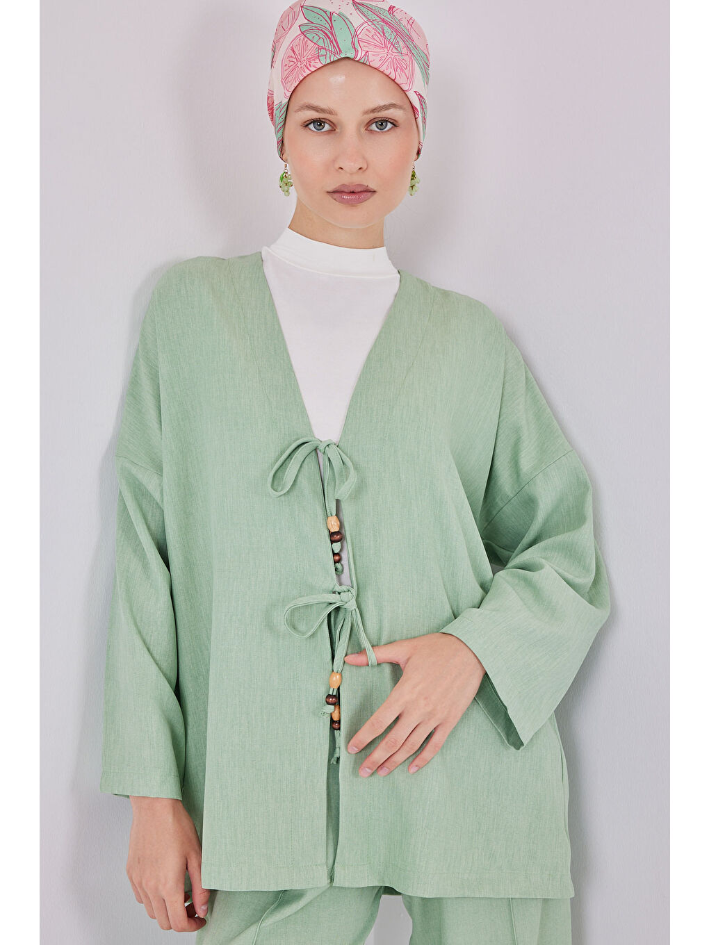 Kadın Keten Kimono İkili Takım 6727 - E.Yeşil-1