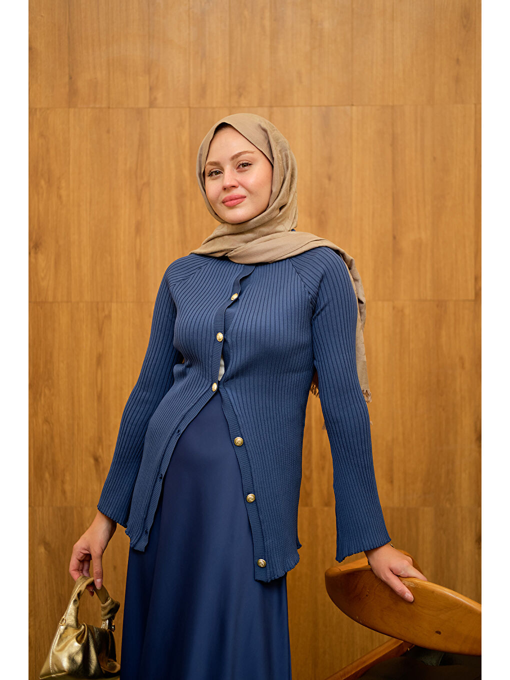 Kadın Kabartma Çizgi Detaylı Hırka Lacivert-3