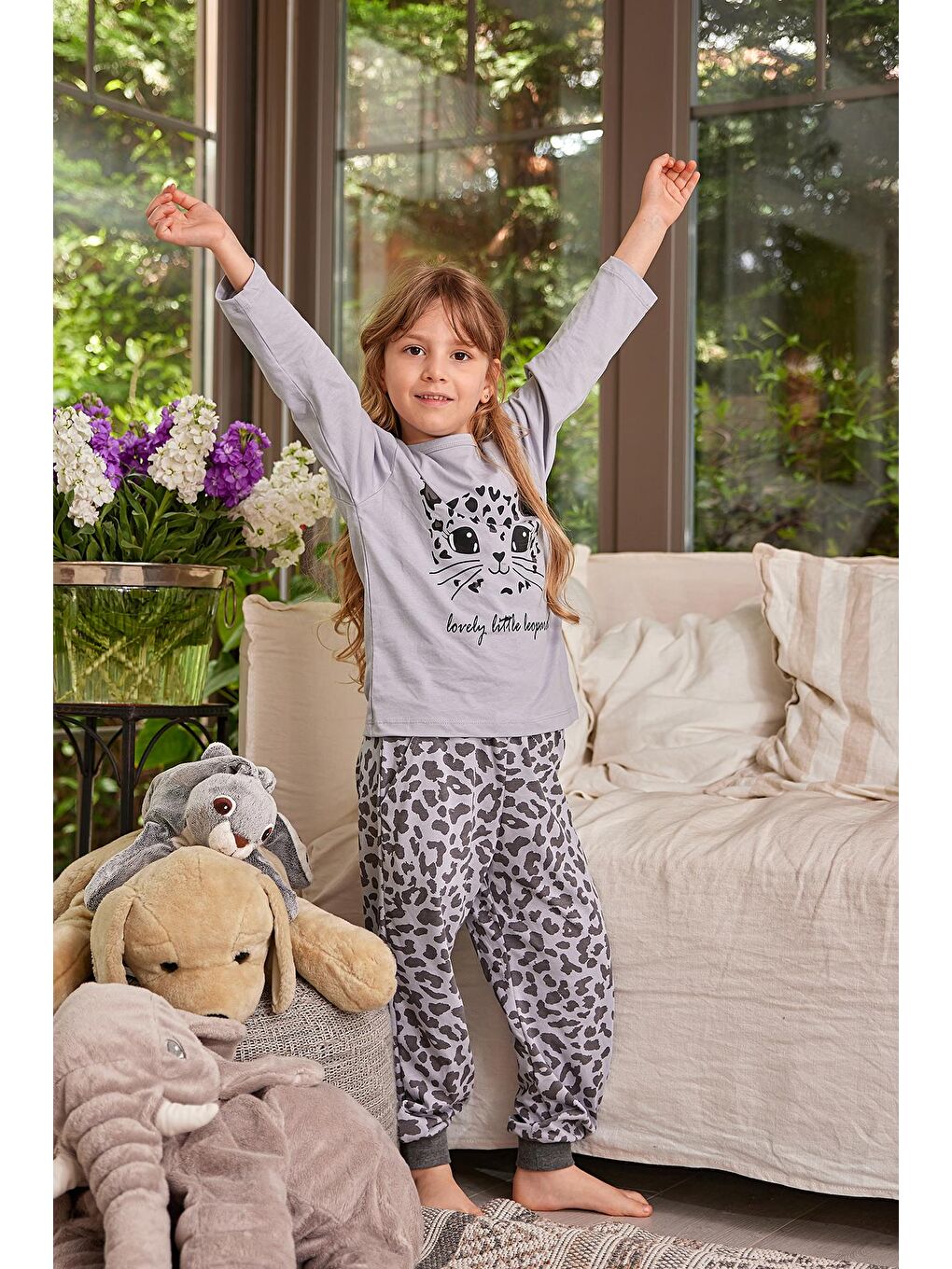 Gri Kız Çocuk Kedi Baskılı Pijama Takımı