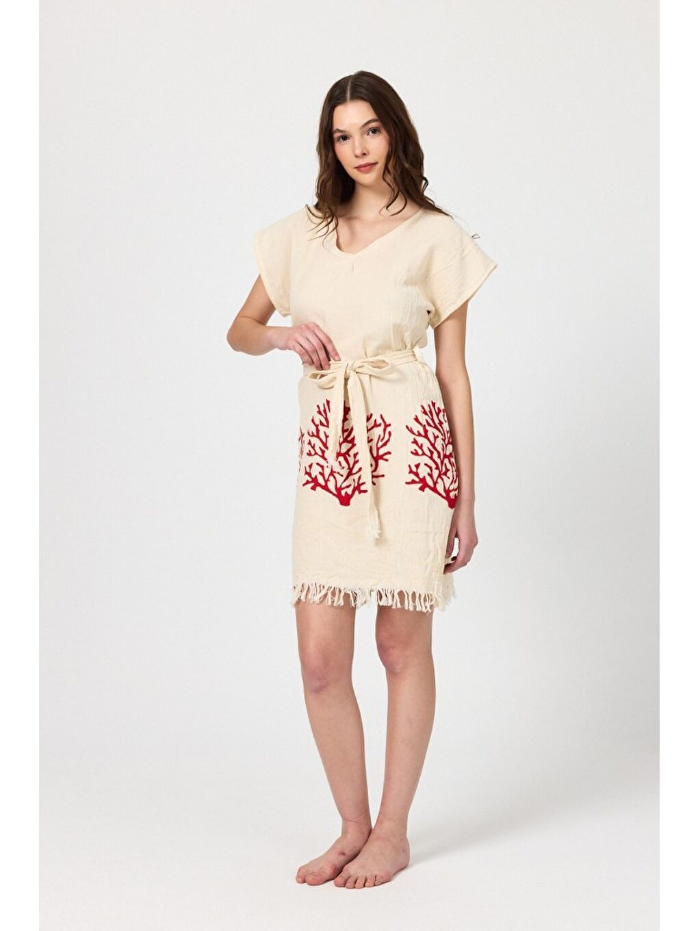 Kırmızı Müslin Kadın Plaj Elbisesi Kolsuz %100 Pamuk-6