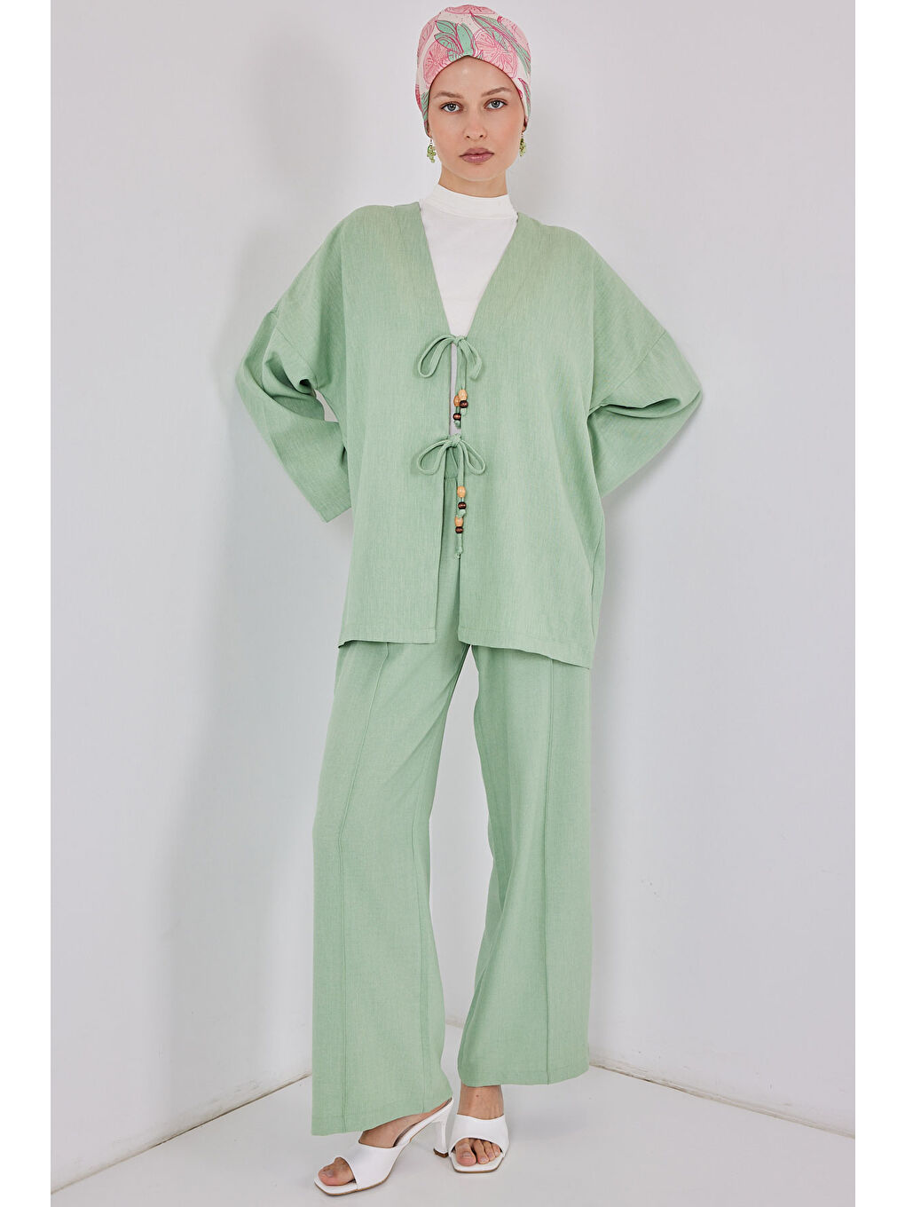 Kadın Keten Kimono İkili Takım 6727 - E.Yeşil-2
