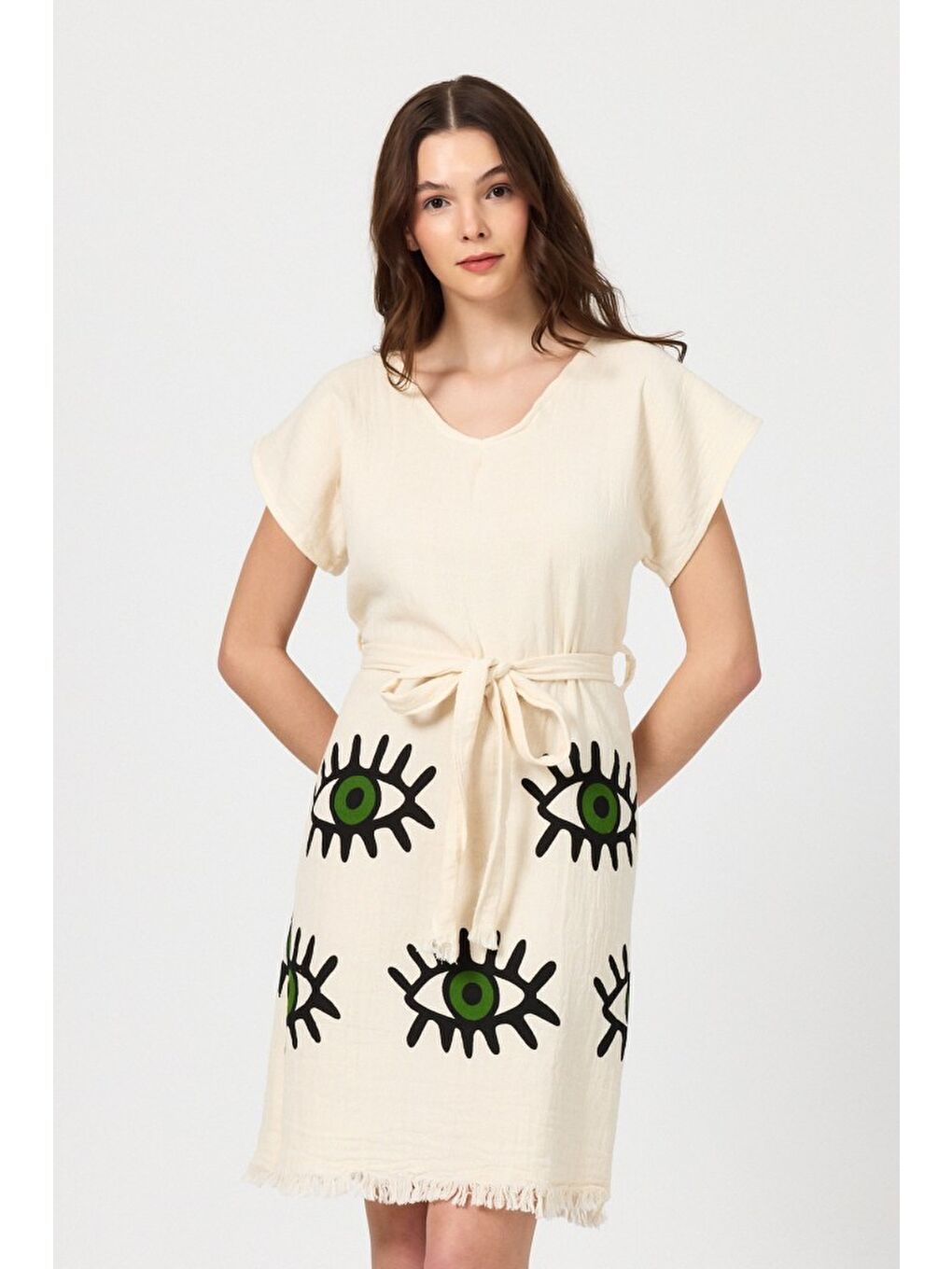 Yeşil Müslin Kadın Plaj Elbisesi Kolsuz %100 Pamuk-1