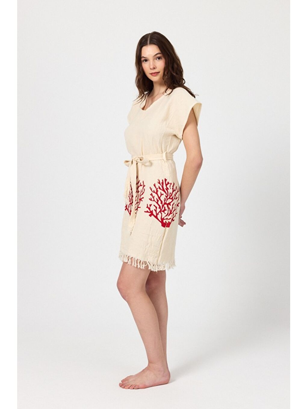 Kırmızı Müslin Kadın Plaj Elbisesi Kolsuz %100 Pamuk-8