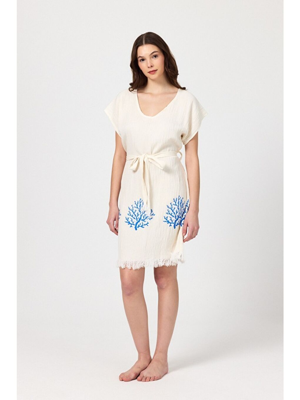 Mavi Müslin Kadın Plaj Elbisesi Kolsuz %100 Pamuk