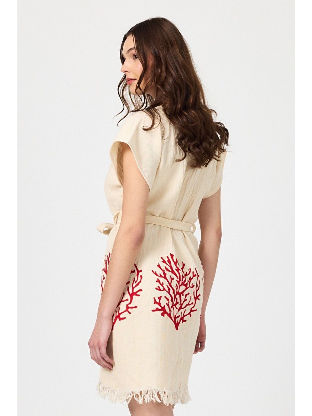 Kırmızı Müslin Kadın Plaj Elbisesi Kolsuz %100 Pamuk-9