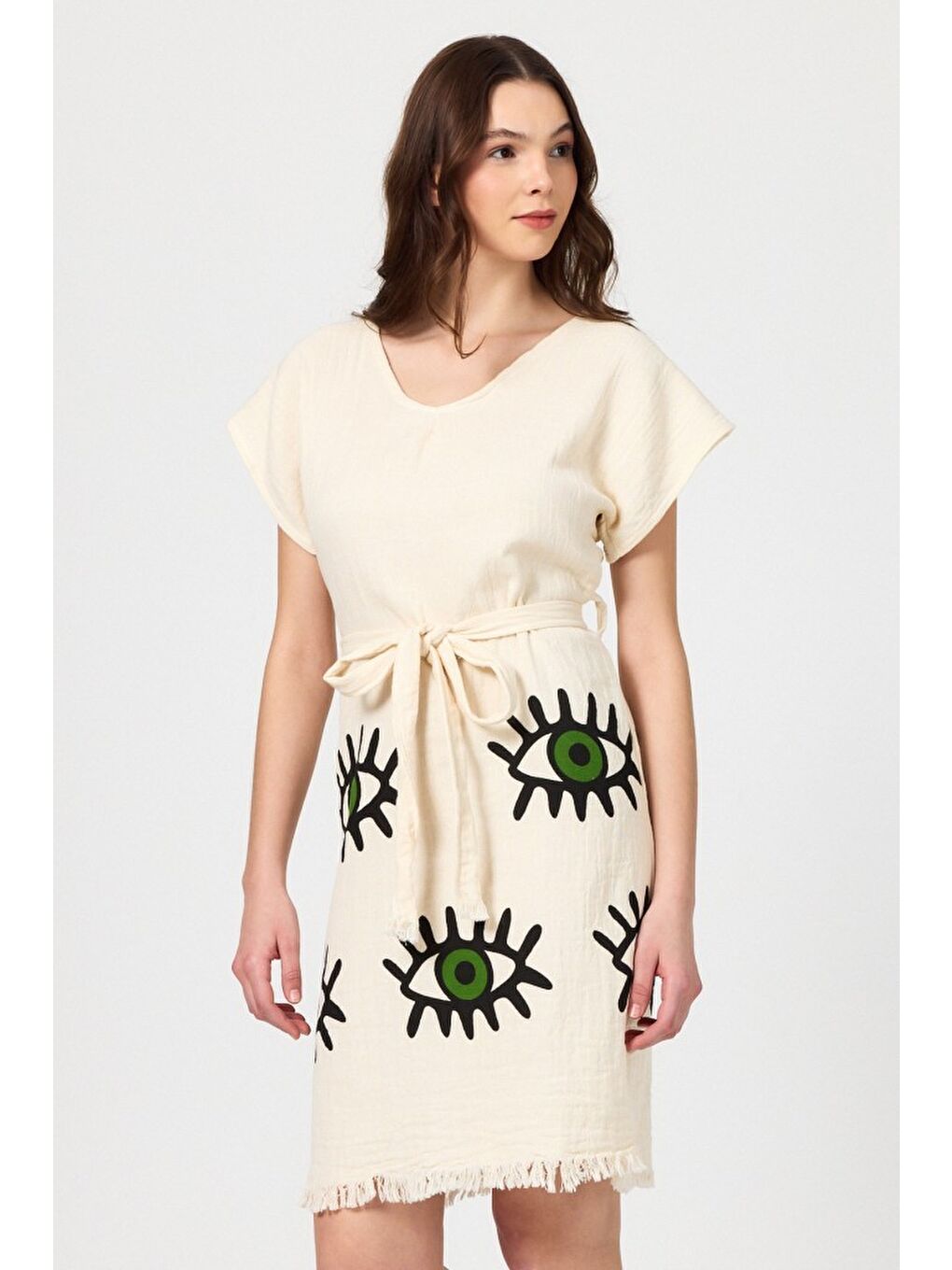 Yeşil Müslin Kadın Plaj Elbisesi Kolsuz %100 Pamuk-2