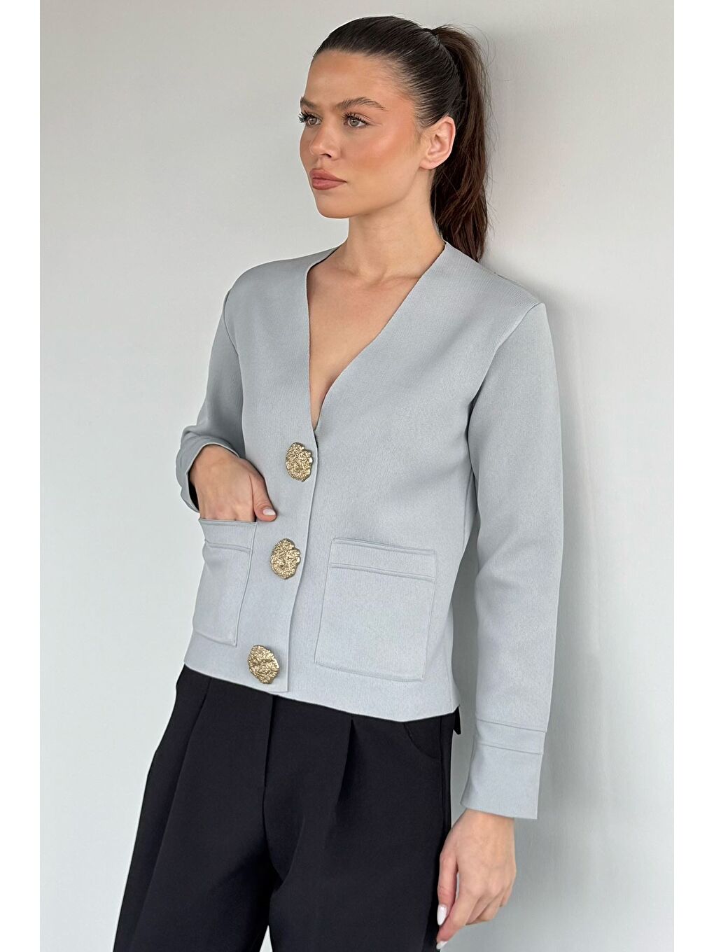 Gri Çift Cepli Düğmeli Triko Ceket (s,m,l Uyumludur)-1