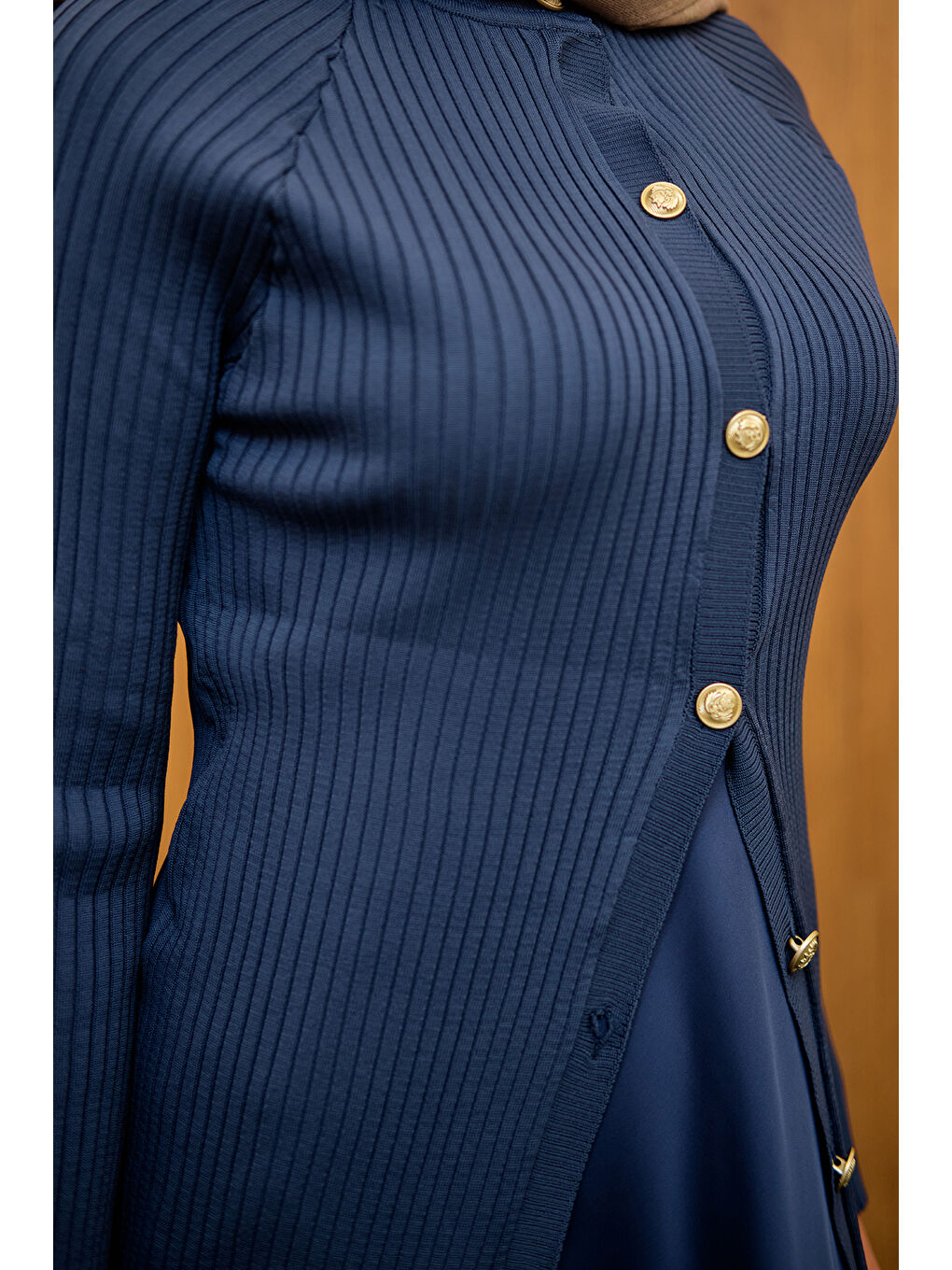 Kadın Kabartma Çizgi Detaylı Hırka Lacivert-4