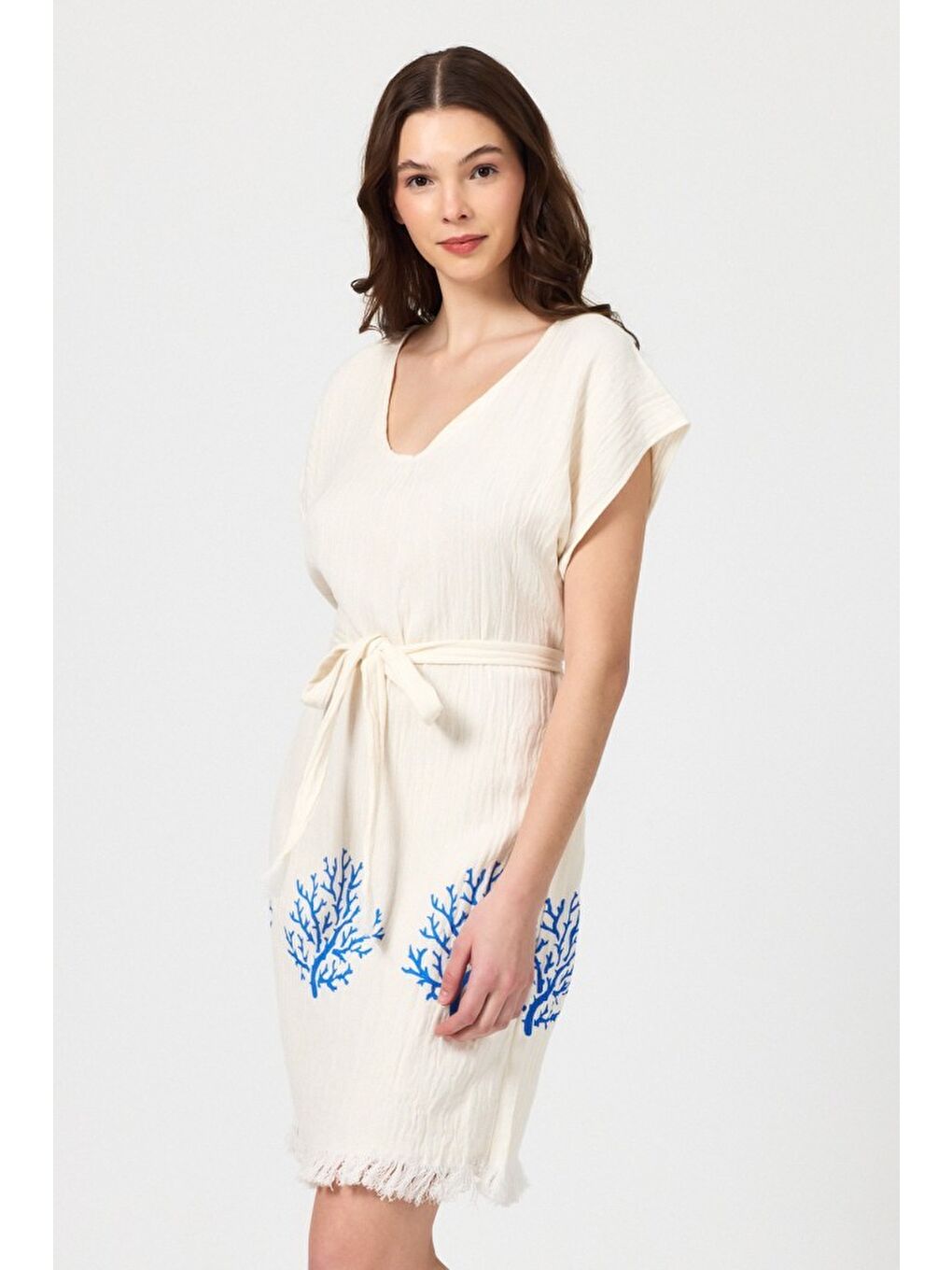 Mavi Müslin Kadın Plaj Elbisesi Kolsuz %100 Pamuk-1