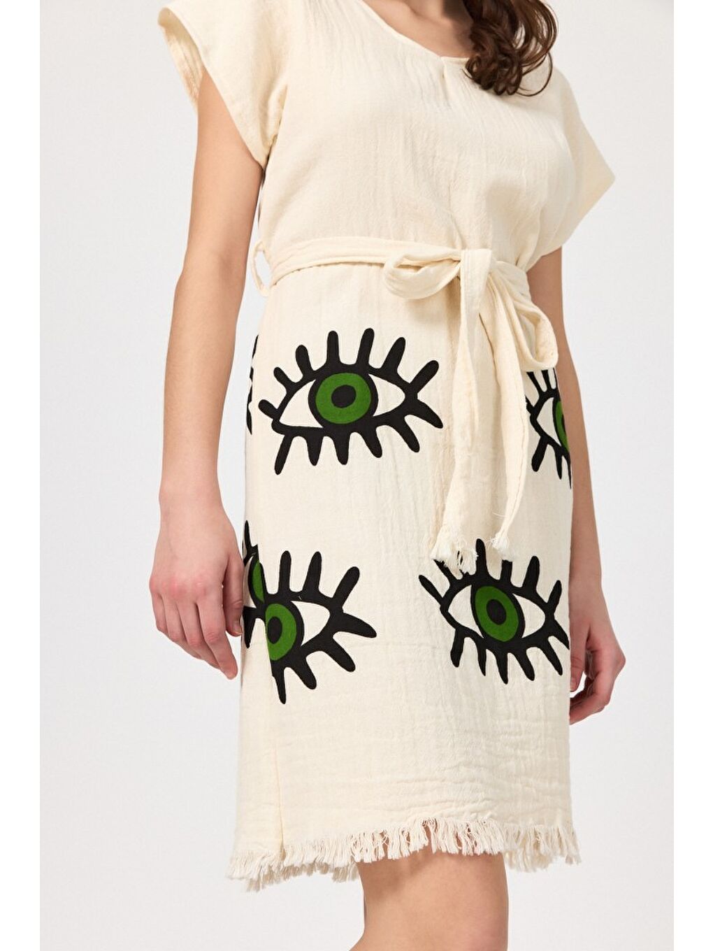 Yeşil Müslin Kadın Plaj Elbisesi Kolsuz %100 Pamuk-3