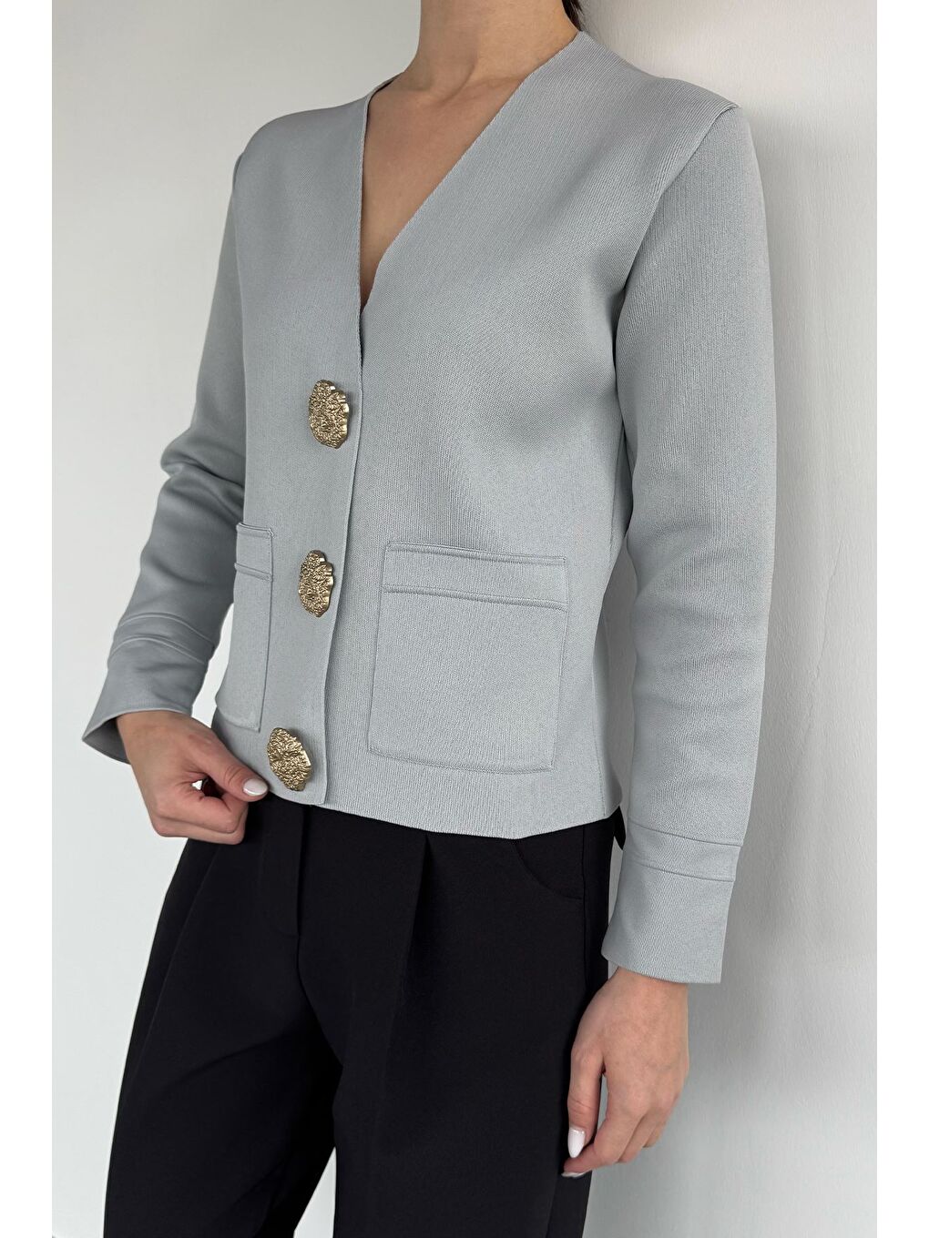 Gri Çift Cepli Düğmeli Triko Ceket (s,m,l Uyumludur)-2