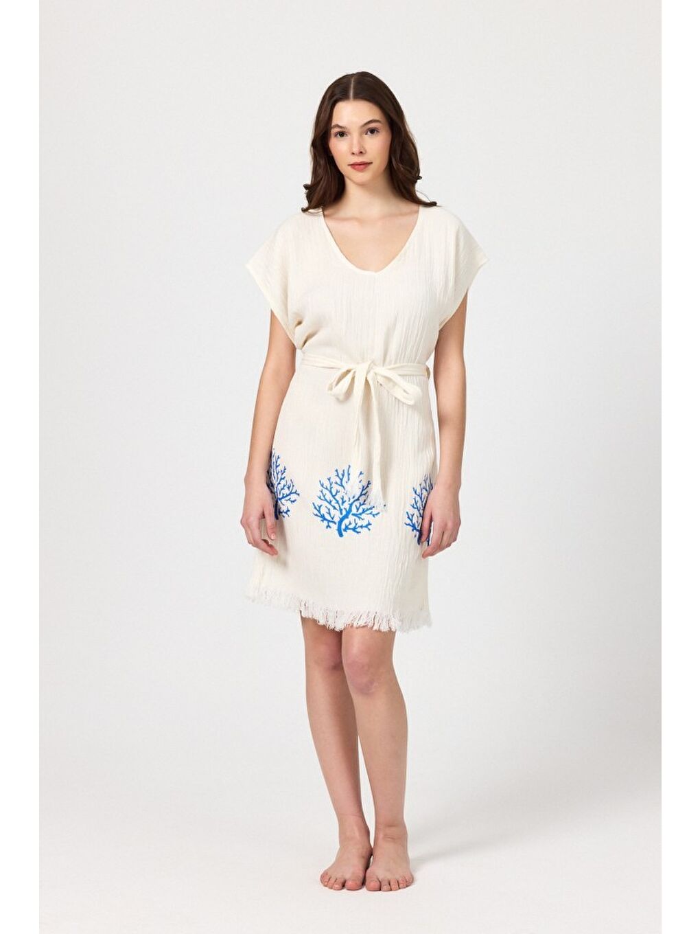 Mavi Müslin Kadın Plaj Elbisesi Kolsuz %100 Pamuk-2