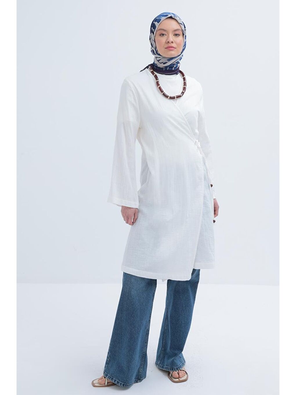 Ekru-Belden Bağlamalı Müslin Kap-1