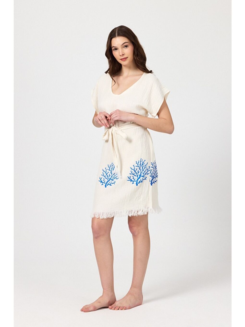 Mavi Müslin Kadın Plaj Elbisesi Kolsuz %100 Pamuk-3