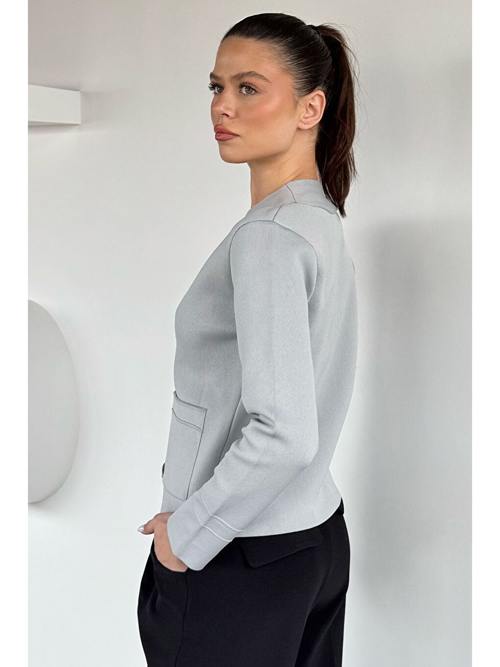 Gri Çift Cepli Düğmeli Triko Ceket (s,m,l Uyumludur)-3