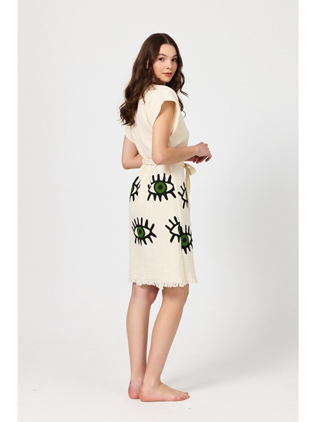 Yeşil Müslin Kadın Plaj Elbisesi Kolsuz %100 Pamuk-4
