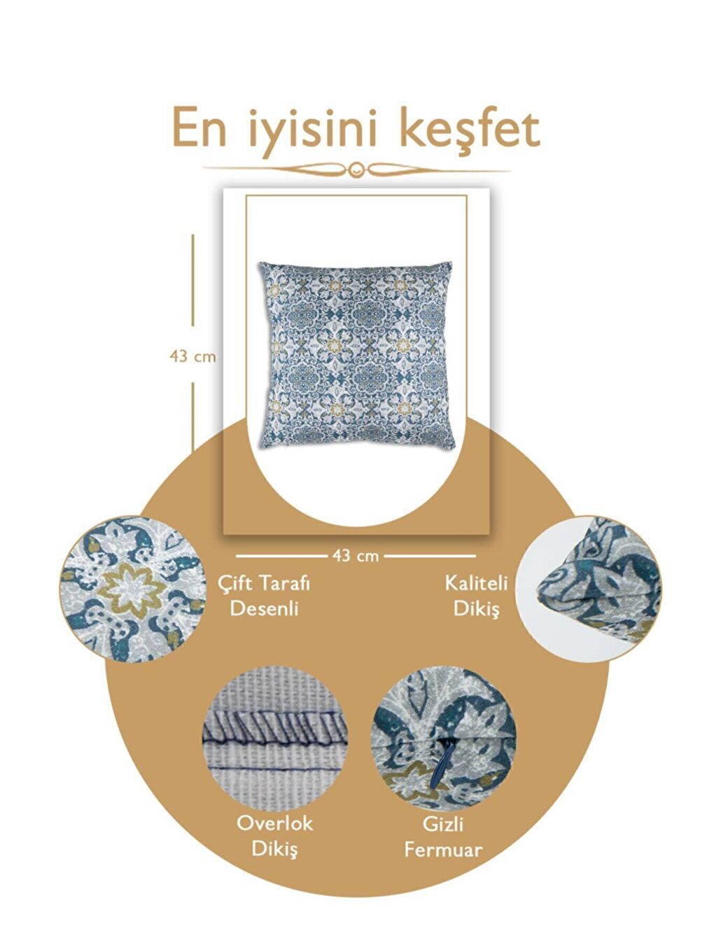 ÖZENEV Mavi Desenli Kırlent Kılıfı Dekoratif Etnik Ikat Damask Inta-892 - 3