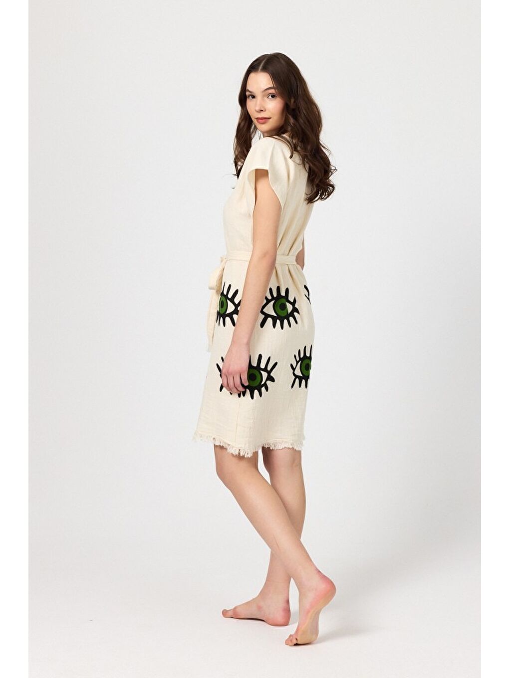 Yeşil Müslin Kadın Plaj Elbisesi Kolsuz %100 Pamuk-5