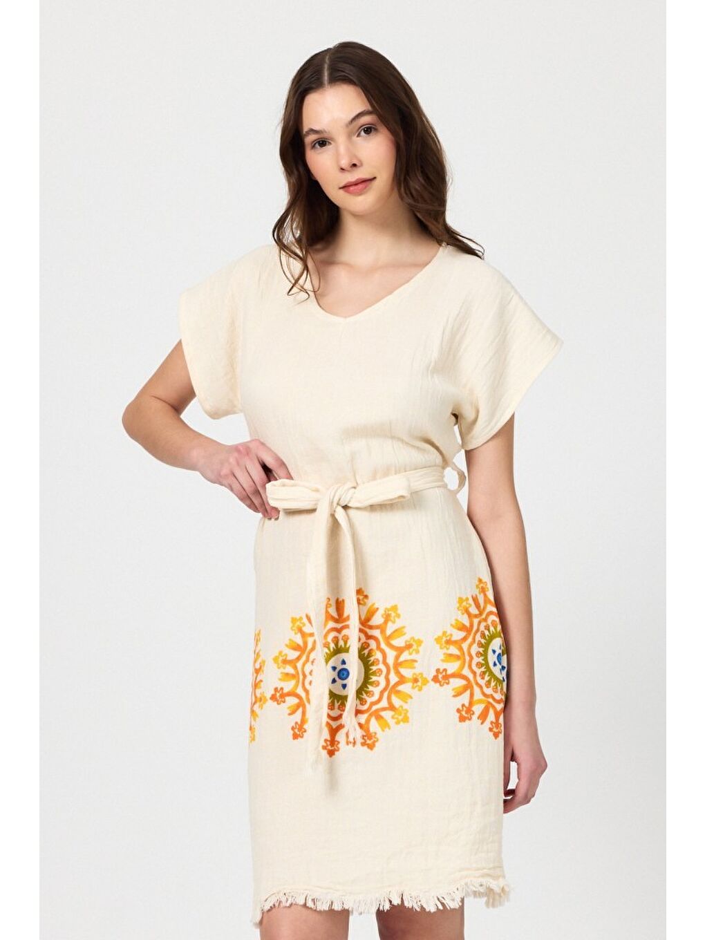 Sarı Müslin Kadın Plaj Elbisesi Kolsuz %100 Pamuk