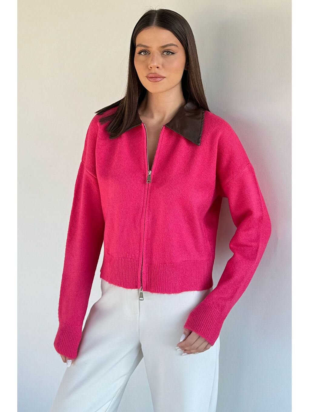 Pembe Kadın Polo Yaka Deri Garnili Fermuarlı Triko Hırka (s-m-l Beden Uyumludur.)-1