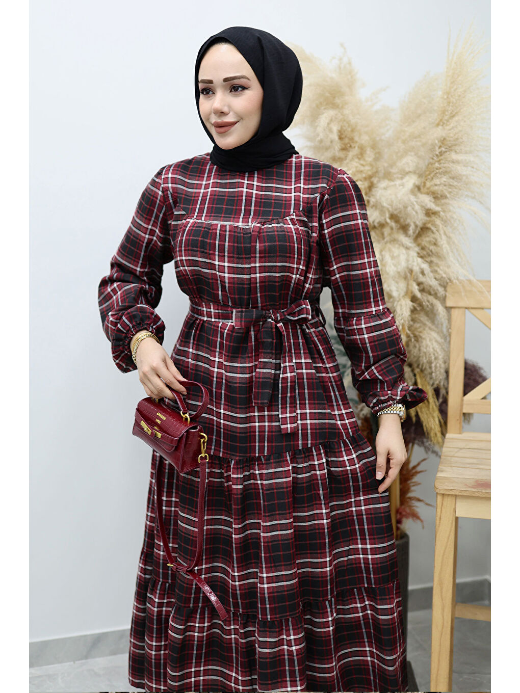 Robalı Ekose Elbise TSD260134 Bordo-1