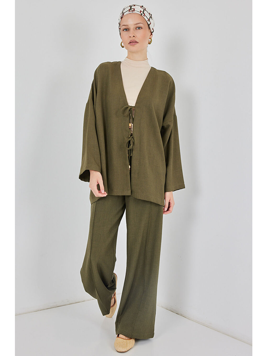Kadın Keten Kimono İkili Takım 6727 - Haki