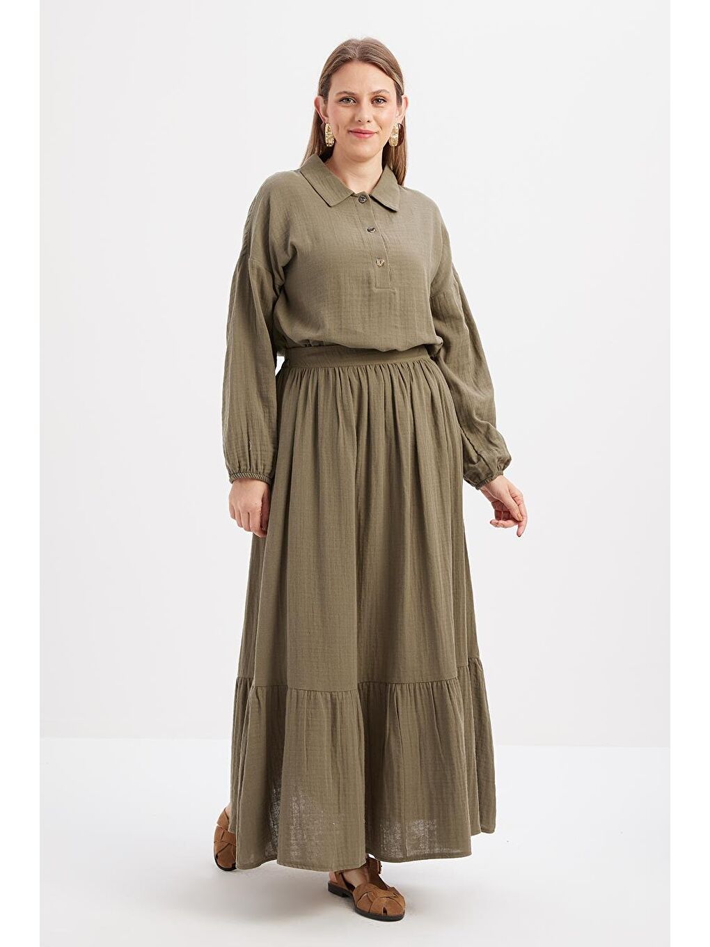 Haki-%100 Pamuklu Kloş Etek-1