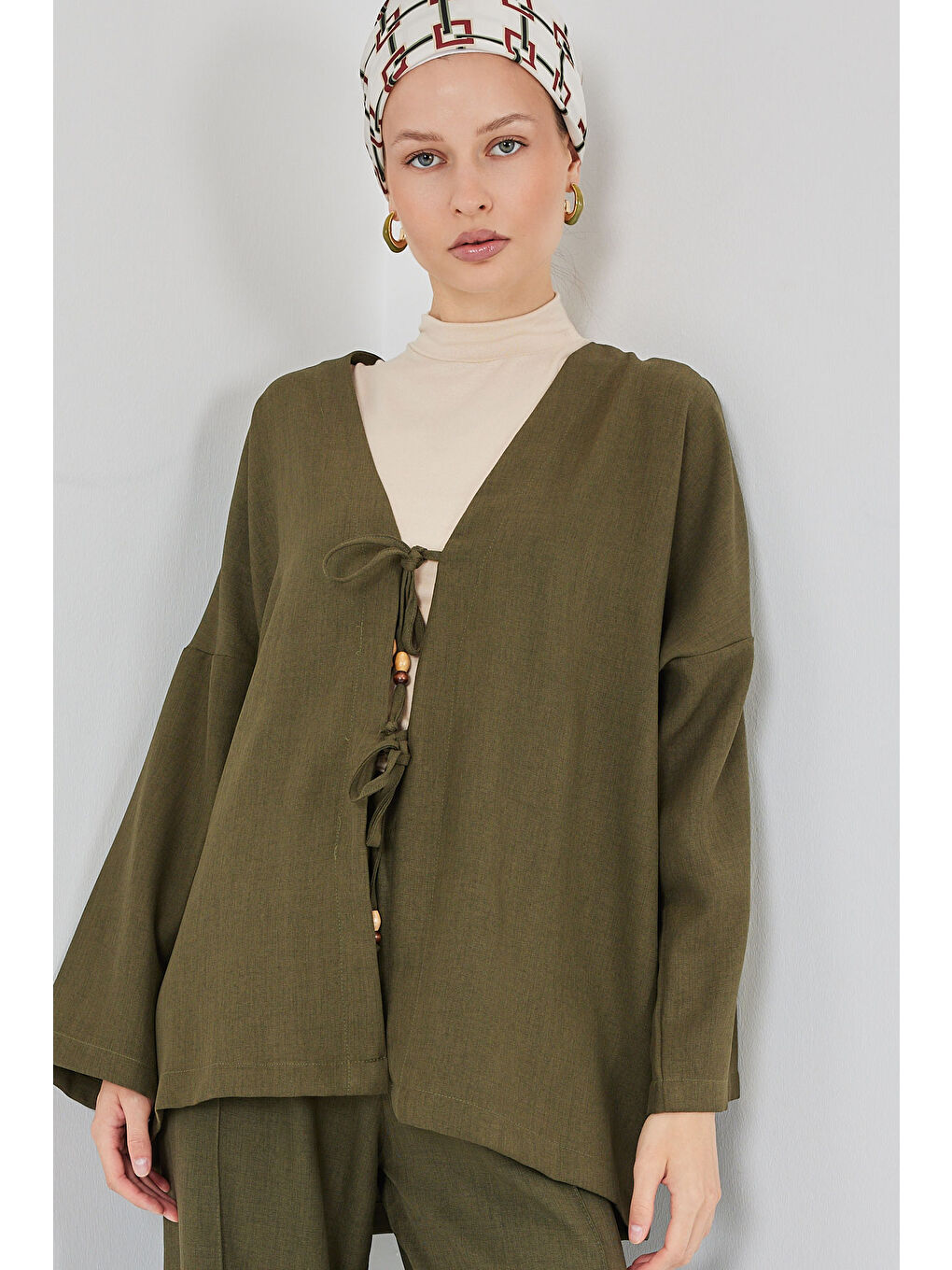 Kadın Keten Kimono İkili Takım 6727 - Haki-1